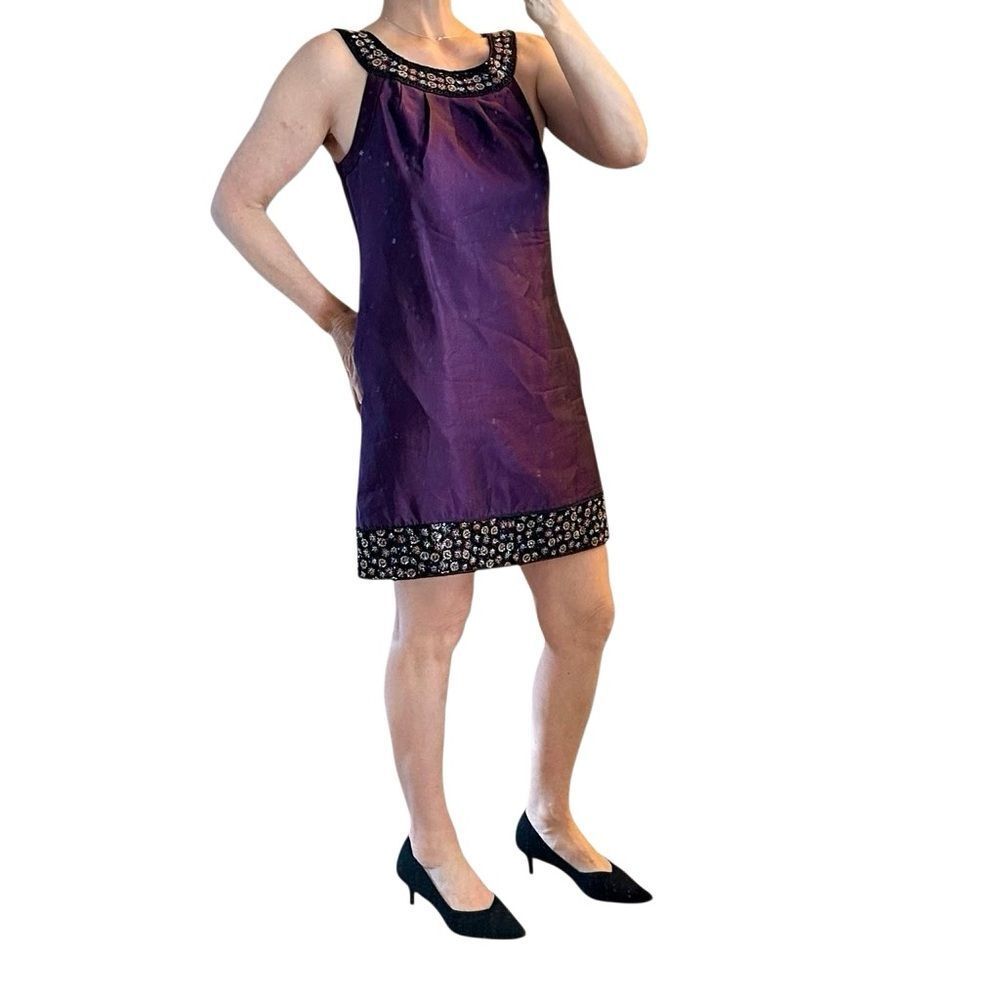 ECI Purple Silk Mini Dress Beaded Collar and Hem Embellished Shift Pockets 10
